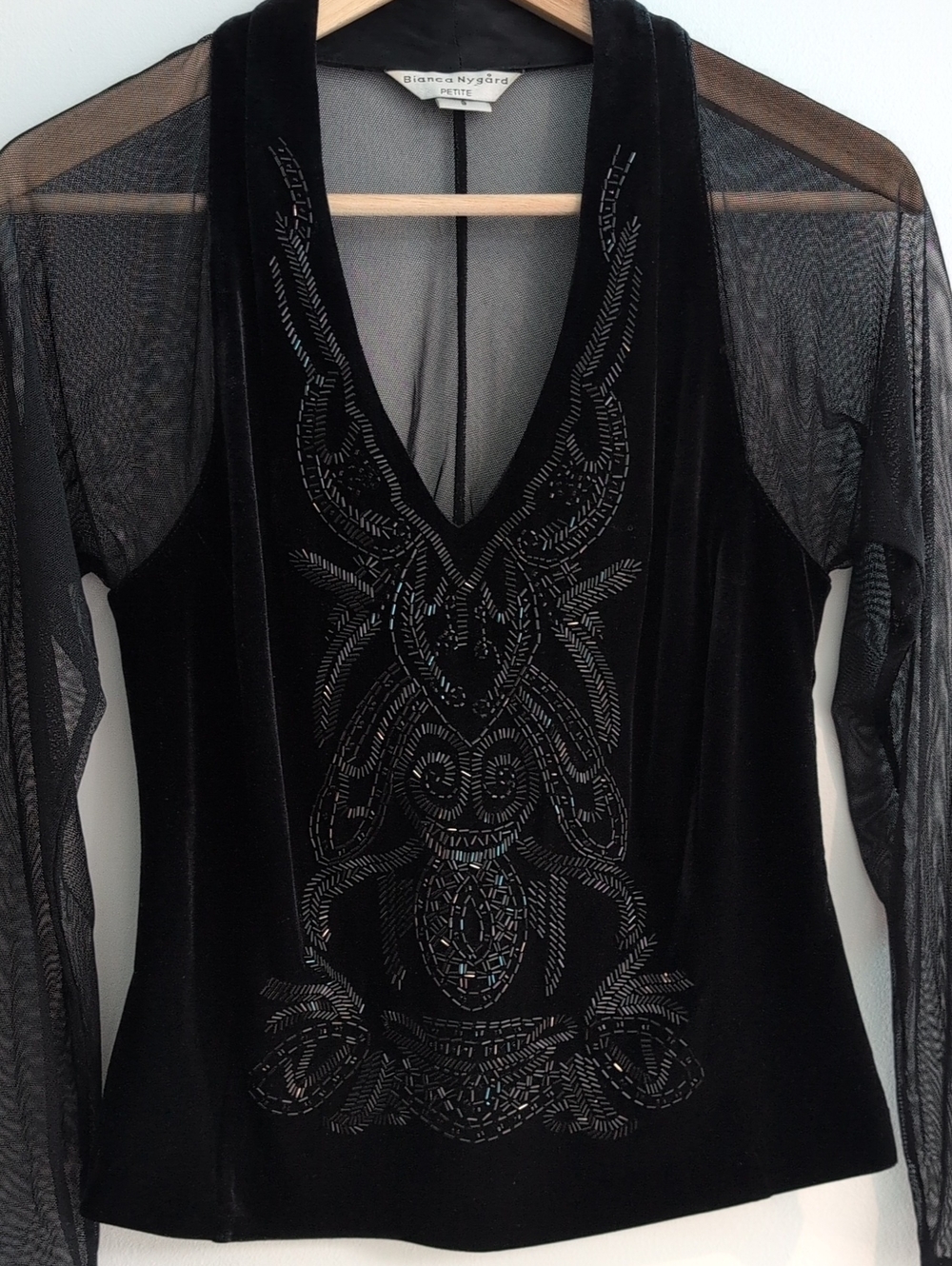 Black Velvet Beaded V-Neck Top with Sheer Sleeves Size 8P - Picture 6 of 6